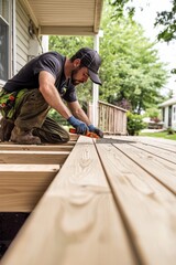 A landscaper building a custom wooden deck in a backyard. He’s measuring and cutting the wood for, Generative AI 