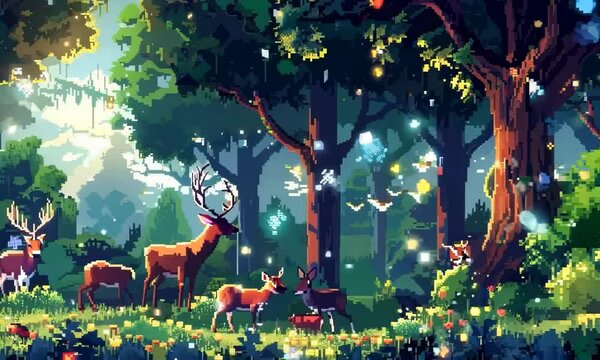 A pixel art rendition of a pixelated forest teeming with pixelated wildlife, their pixelated forms exploring the pixelated trees. Video