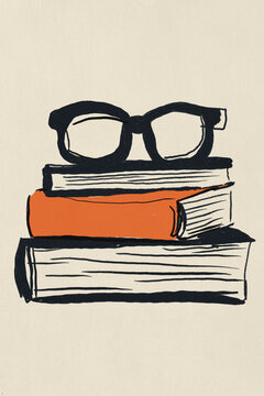 Illustration of eyeglasses on stack of books