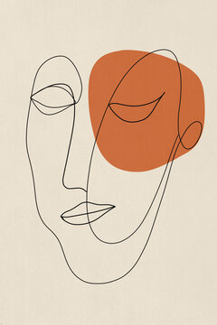Abstract line art of human face against beige background