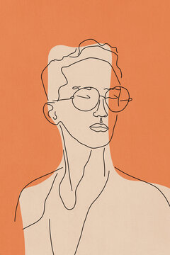 Illustration of thoughtful man wearing eyeglasses against orange background