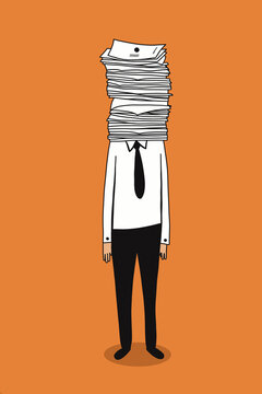 Businessman with stack of papers against orange background