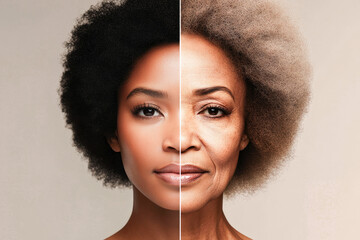 Comparative image with close-up portrait of the same woman at 30 and 80 years old. Aging process. Genetics and inheritance. 