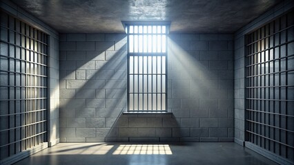 Obraz premium Jail cell with a small window on one side allowing light to penetrate through creating an asymmetrical lighting effect, confinement, penitentiary, darkness, punishment