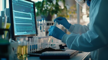 Lab technician performing a soil pH test, using a glass electrode and recording results on a lab computer .