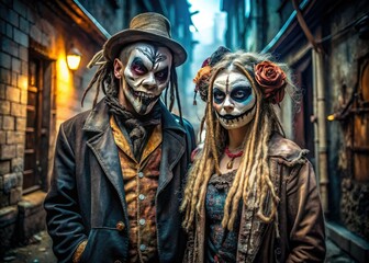 Obraz premium Spooky duo poses in dimly lit alleyway, sporting twisted masks, tattered clothes, and eerie accessories, exuding foreboding atmosphere and sinister intentions on All Hallows' Eve.