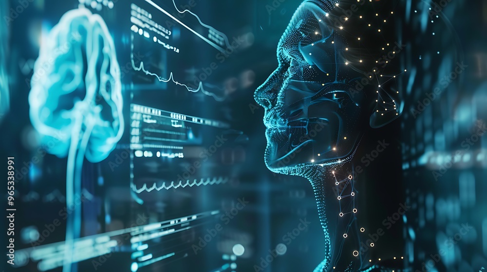 Poster digital representation of a human head with a glowing brain scan and data visualizations in the back