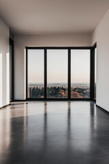 Obraz premium Empty room interiors with large windows providing natural lighting and views in neutral tones