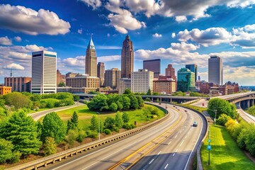 Highway through Cleveland Ohio Cuyahoga County Seat North America framing, downtown, North America, Ohio, Seat, vehicles, skyline, traffic, metropolis, vibrant,highway, bustling