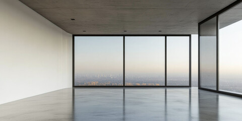 Fototapeta premium Empty room interiors with large windows providing natural lighting and views in neutral tones