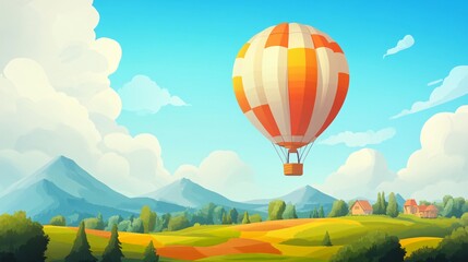 Fototapeta premium A vibrant hot air balloon in the sky over rolling green hills and mountains.
