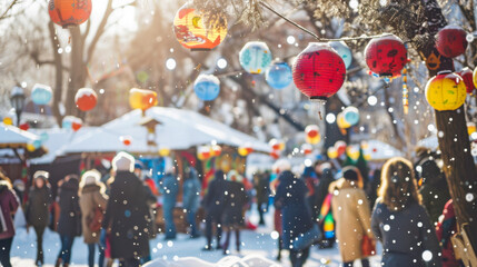 Lanterns and people at snowy winter festival