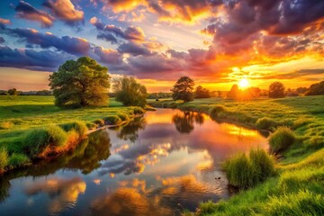 Warm sunlight dips low, casting a golden glow over a serene river and lush meadow, where nature's palette paints a masterpiece of vibrant colors.