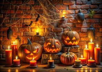 Obraz premium Spooky yet festive Halloween wall scene features glowing jack-o-lanterns, cobwebs, and eerie candles amidst vibrant orange and black decorations on a dimly lit brick background.