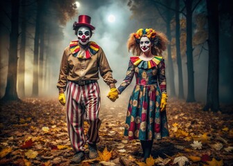 Two adults wear matching creepy clown costumes, holding hands and smiling, surrounded by dimly lit autumn leaves and eerie fog on a spooky Halloween night.