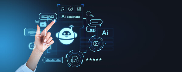 Hand pointing at AI assistant holographic interface on a dark background.