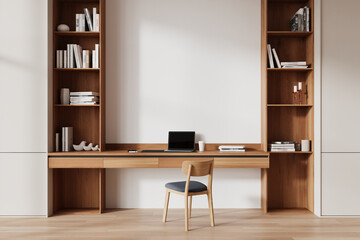 Modern home office with minimalist desk and built-in shelves in bright room. 3D Rendering