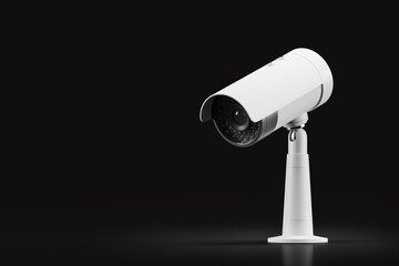 Surveillance camera on empty black background, security