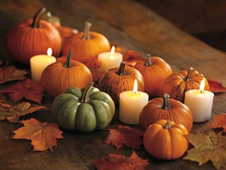 Autumnal Still Life with Pumpkins and Candles.