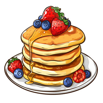 recommend clip art: A stack of four golden pancakes, drizzled with honey, topped with fresh strawberries, raspberries, and blueberries, served on a white plate.