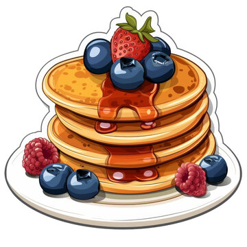 recommend clip art: A stack of three golden pancakes topped with a strawberry, blueberries, and raspberry with syrup drizzling down.
