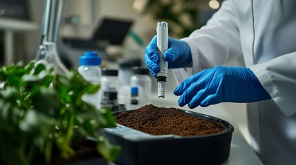 Testing the pH level of soil in a laboratory, with a technician using a digital meter and recording the results.