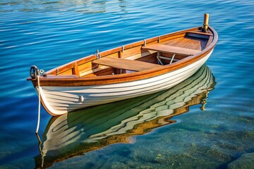 Obraz premium A slender boat with pointed ends navigates quietly through the still waters, its reflections rippling out in harmony with the gentle lapping of the waves against its hull.