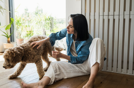 Woman sitting on floor and petting dog at home