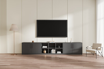 Modern chill room interior with tv and drawer, armchair on hardwood floor