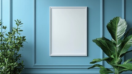 Blank white poster, space for text or image in a stylish blue interior with indoor plants