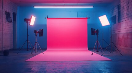 Interior of a modern photo studio with professional lighting and a pink background