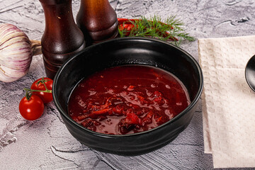 Homemade red soup Borsch with cabbage