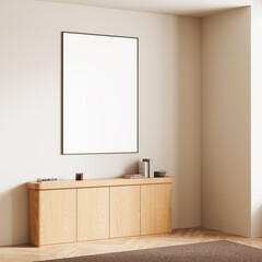 Modern living room interior with a wooden sideboard and a blank framed canvas on the wall. Neutral color palette, minimalist design, cozy home atmosphere. 3D Rendering