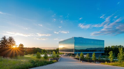 Obraz premium A photo of a modern glass building with a sleek facade, set within a park-like environment with lush greenery and trees. The sky above is a clear blue with a few scattered clouds,