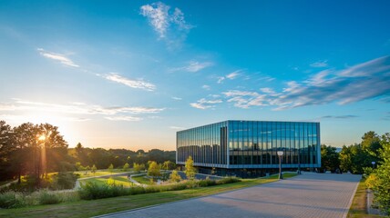 Obraz premium A photo of a modern glass building with a sleek facade, set within a park-like environment with lush greenery and trees. The sky above is a clear blue with a few scattered clouds,