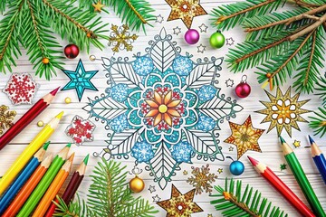 Vibrant holiday-themed coloring pages with intricate illustrations of snowflakes, trees, and ornaments await creative souls seeking relaxing festive fun and artistic expression.