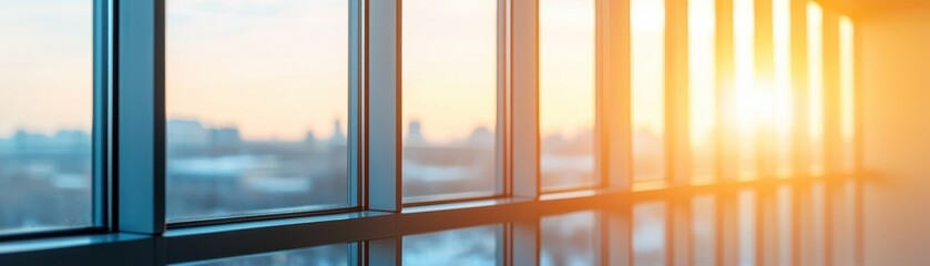 Modern office interior with large windows showcasing a vibrant sunrise, creating a warm and inviting atmosphere.