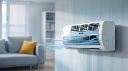 sleek air conditioner in a stylish living room, blowing cool air