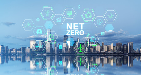 Net zero hologram and ecology icons, New York city skyscrapers