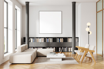Office living room interior with armchairs and sofa, shelf and mockup frame