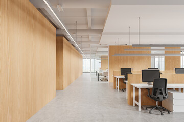 Office interior with coworking and glass meeting room, panoramic window