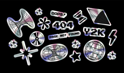 Set of holographic stickers in y2k style. Disc, hourglass, lightning, stars of different shapes, flower. Vector design elements for advertising materials, social networks