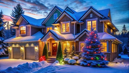 Vibrant multi-colored lights adorn a two-story suburban home's exterior, outlining windows, doors, and roof, creating a festive and inviting winter wonderland scene at dusk.