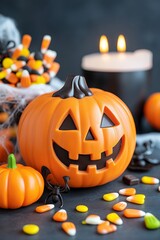 Smiling jack-o'-lantern surrounded by candy corn, pumpkins, and plastic spiders with lit candle. Vibrant Halloween decor concept