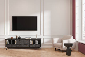 A modern living room featuring a wall-mounted TV, a stylish cabinet with books and decor, a comfortable armchair, and a small side table. Bright and elegant interior design. 3D Rendering