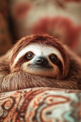 Naklejka premium A cute sloth resting on a patterned cushion, with a soft smile and gentle expression