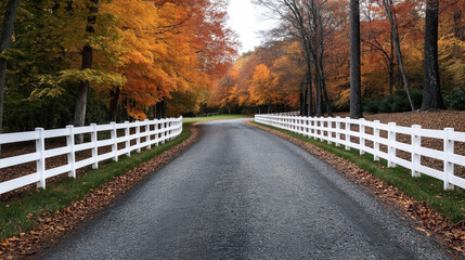 A winding road bordered by white fences goes through a colorful autumn forest. The trees have vibrant orange, red, and yellow leaves, creating a scenic fall landscape.