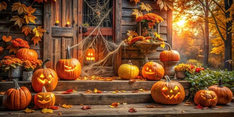 Obraz premium Vibrant orange pumpkins and glowing jack-o'-lanterns adorn a rustic wooden porch, surrounded by autumn leaves and spider webs, on a crisp Halloween morning.