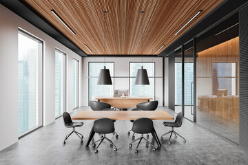 Modern office interior with meeting table and chairs, ceo workplace near window