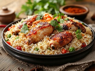Delicious Chicken Biryani Dish with Golden Rice and Tender Chicken Pieces, Perfect for Food Blog or Restaurant Menu Generative AI